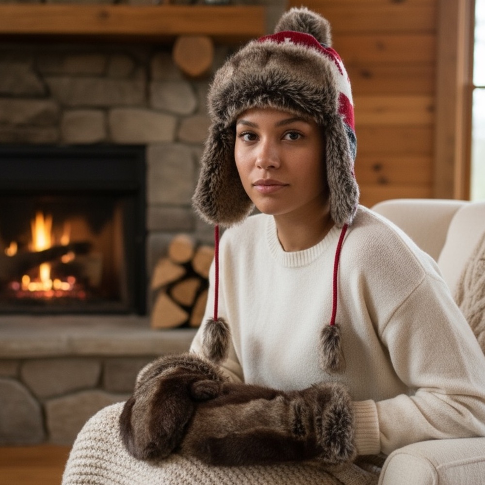 DANIER Red and Brown Knit hat and Mittens Set (high-end faux fur)